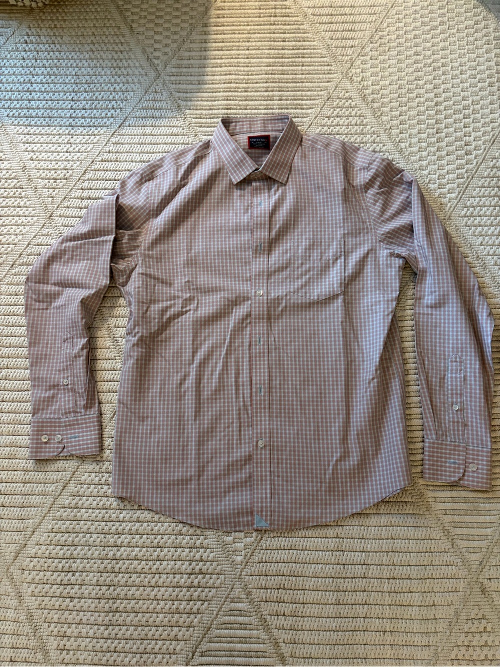 UNTUCKit Men's Pink and White Check Dress Shirt